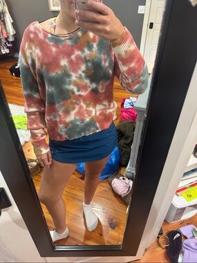 Lou & Grey Tie-Dye Waffle-Knit Sweatshirt in Coral, Olive & Cream